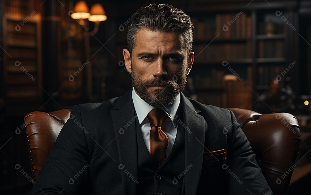 Um homem de negócios barbudo em um escritório vestindo um terno sob medida