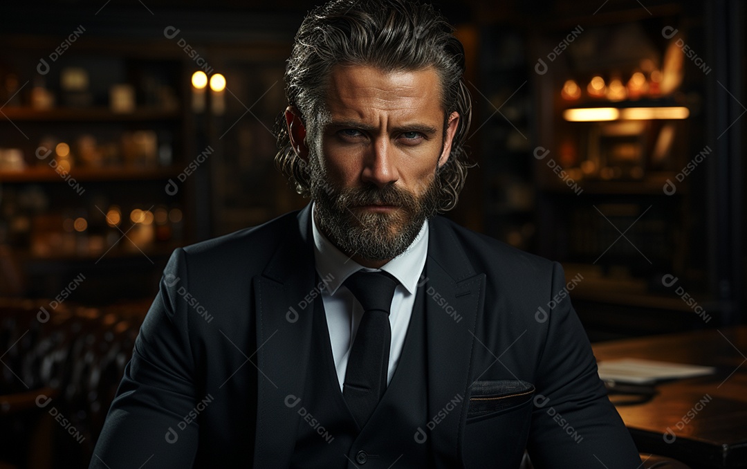 Um homem de negócios barbudo em um escritório vestindo um terno sob medida