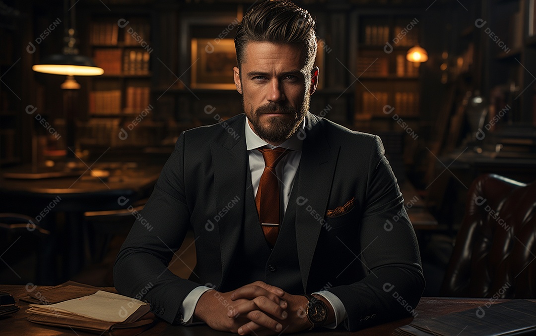 Um homem de negócios barbudo em um escritório vestindo um terno sob medida