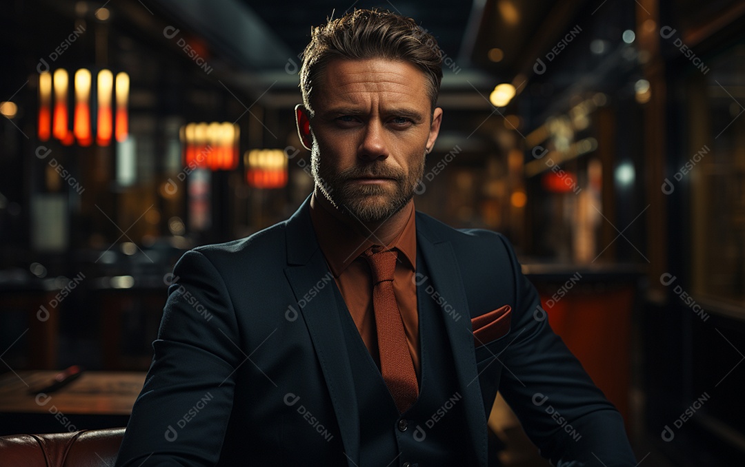 Um homem de negócios barbudo em um escritório vestindo um terno sob medida