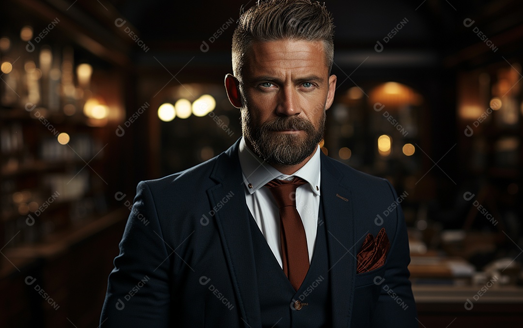 Um homem de negócios barbudo em um escritório vestindo um terno sob medida