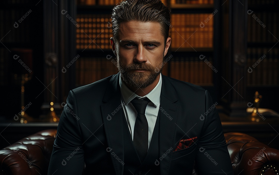 Um homem de negócios barbudo em um escritório vestindo um terno sob medida