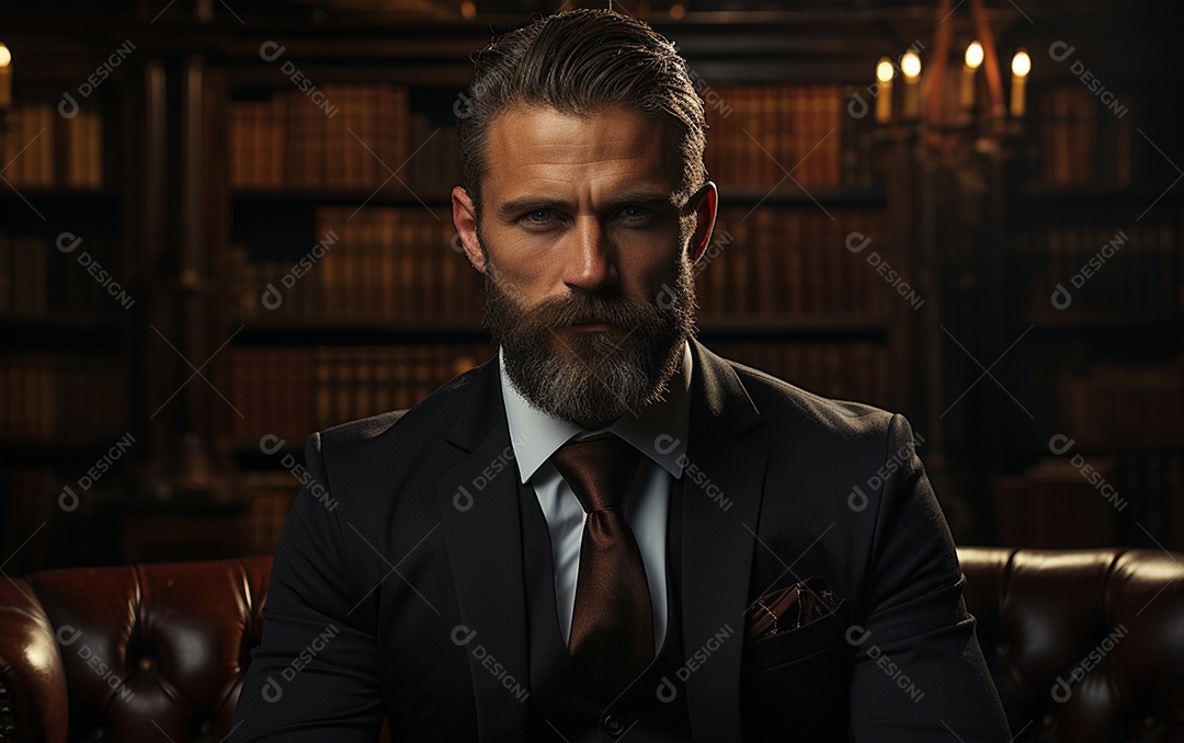 Um homem de negócios barbudo em um escritório vestindo um terno sob medida