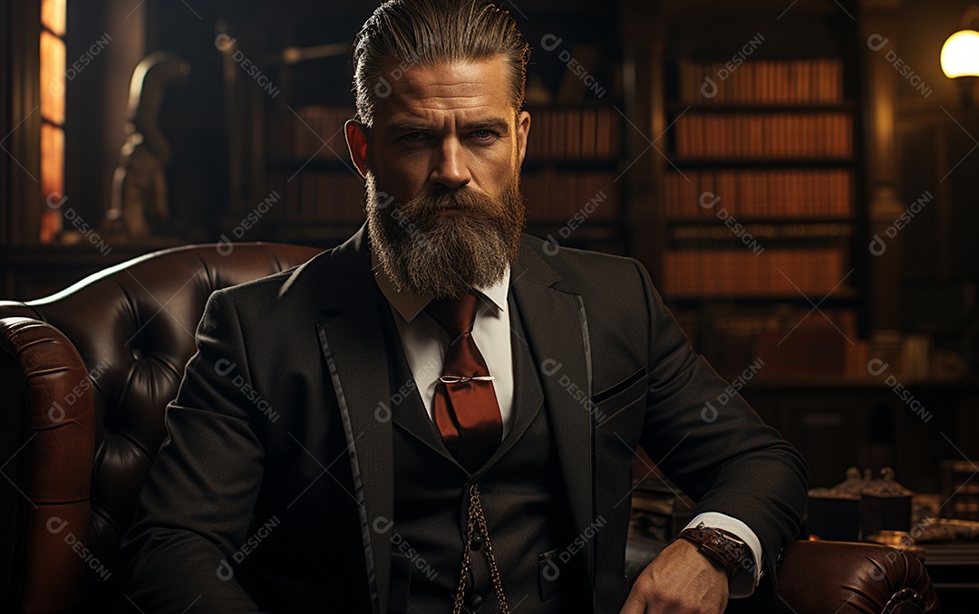 Um homem de negócios barbudo em um escritório vestindo um terno sob medida