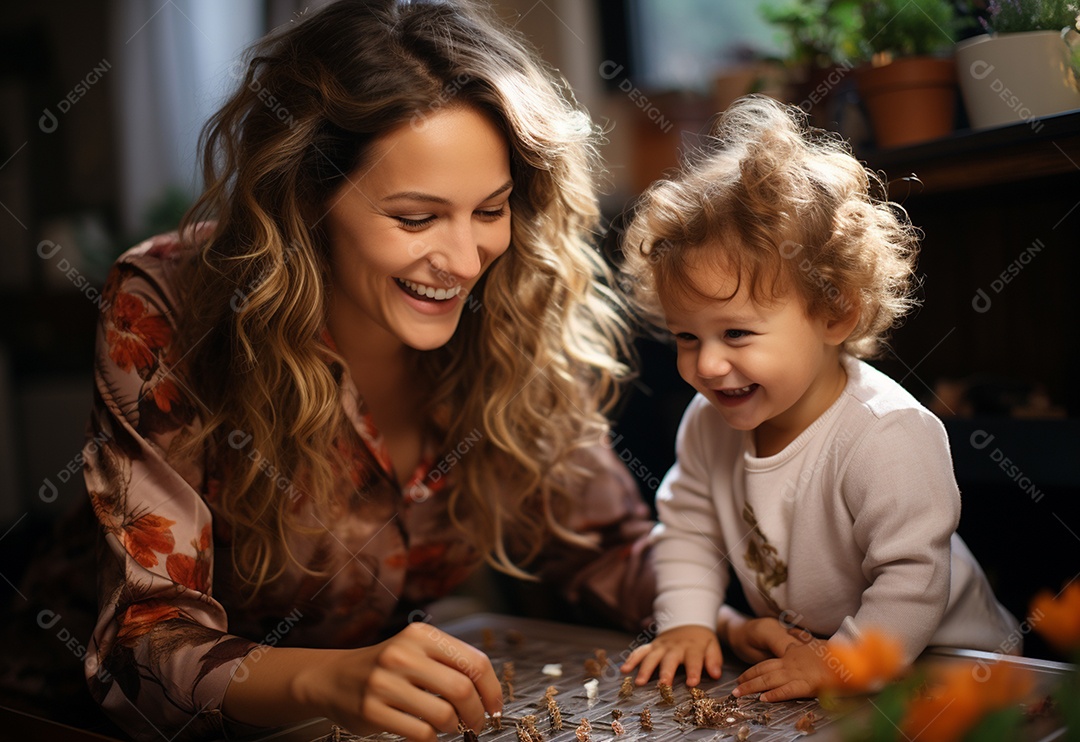 Vista lateral da mãe brincando com a menina rindo deitada de joelhos passando um tempo em casa