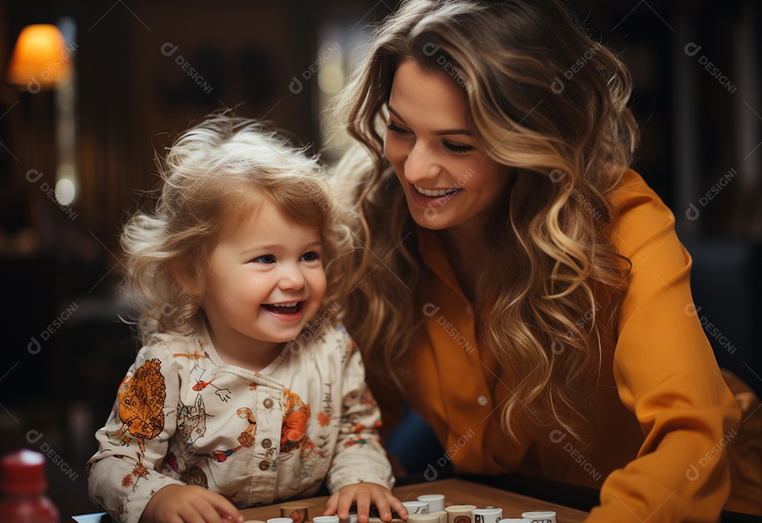 Vista lateral da mãe brincando com a menina rindo deitada de joelhos passando um tempo em casa