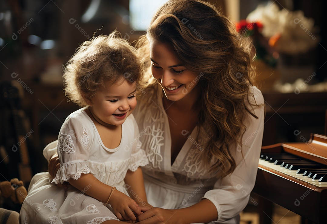 Vista lateral da mãe brincando com a menina rindo deitada de joelhos passando um tempo em casa