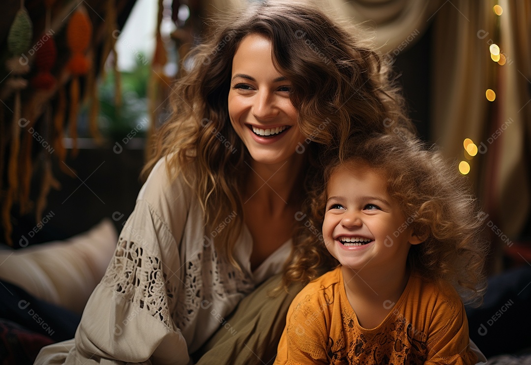 Vista lateral da mãe brincando com a menina rindo deitada de joelhos passando um tempo em casa