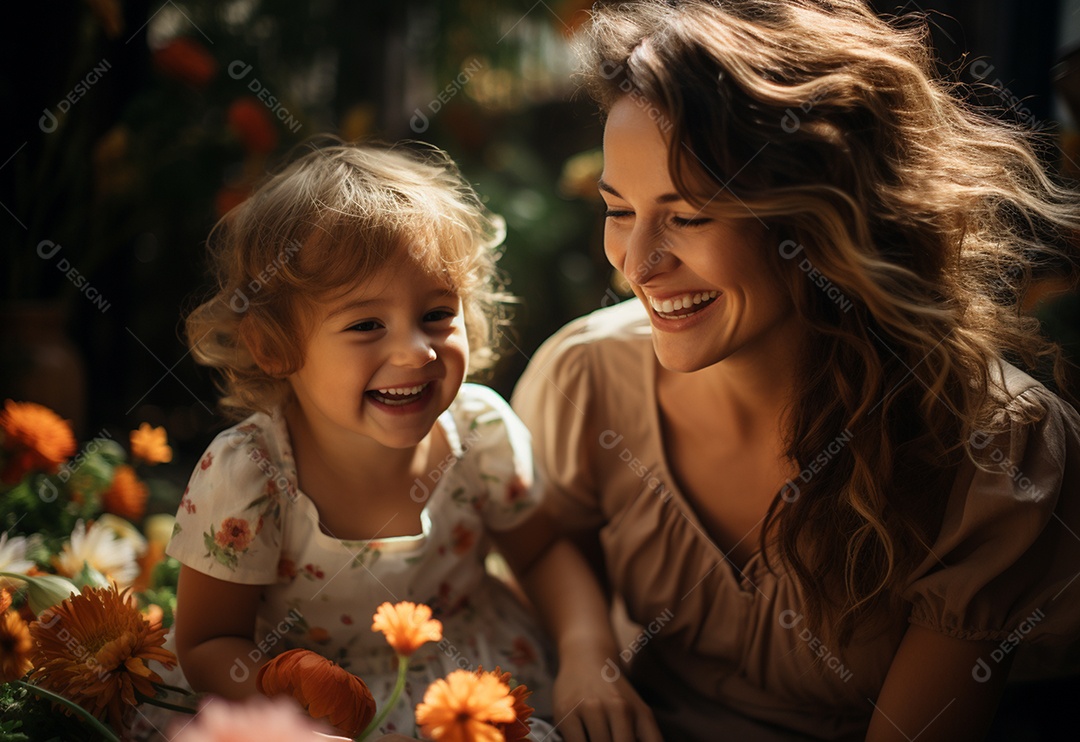 Vista lateral da mãe brincando com a menina rindo deitada de joelhos passando um tempo em casa