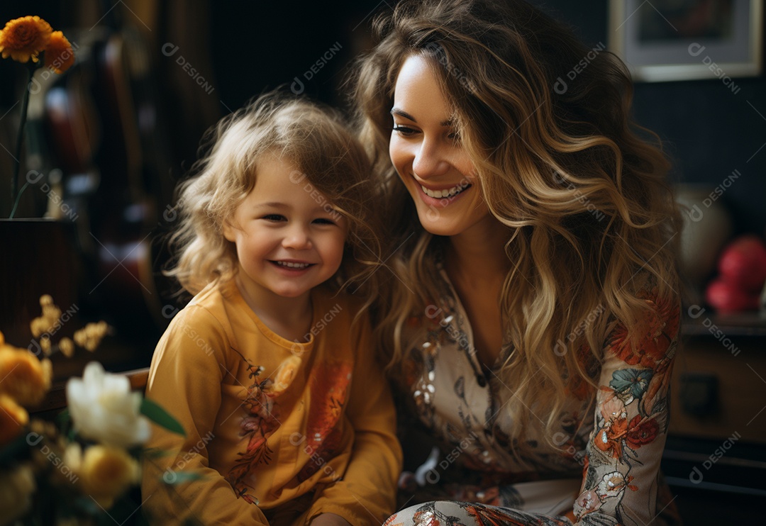Vista lateral da mãe brincando com a menina rindo deitada de joelhos passando um tempo em casa
