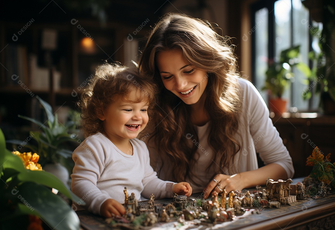 Vista lateral da mãe brincando com a menina rindo deitada de joelhos passando um tempo em casa