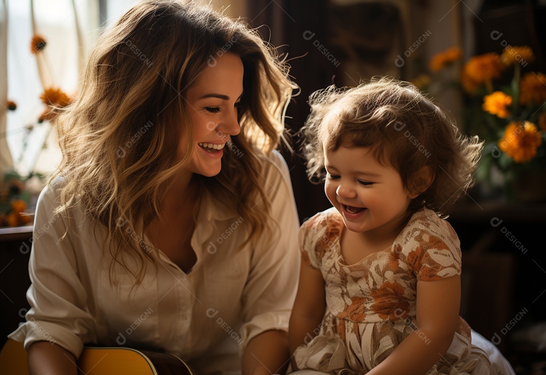 Vista lateral da mãe brincando com a menina rindo deitada de joelhos passando um tempo em casa