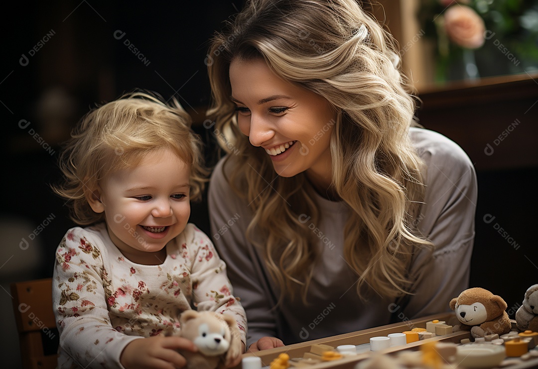 Vista lateral da mãe brincando com a menina rindo deitada de joelhos passando um tempo em casa