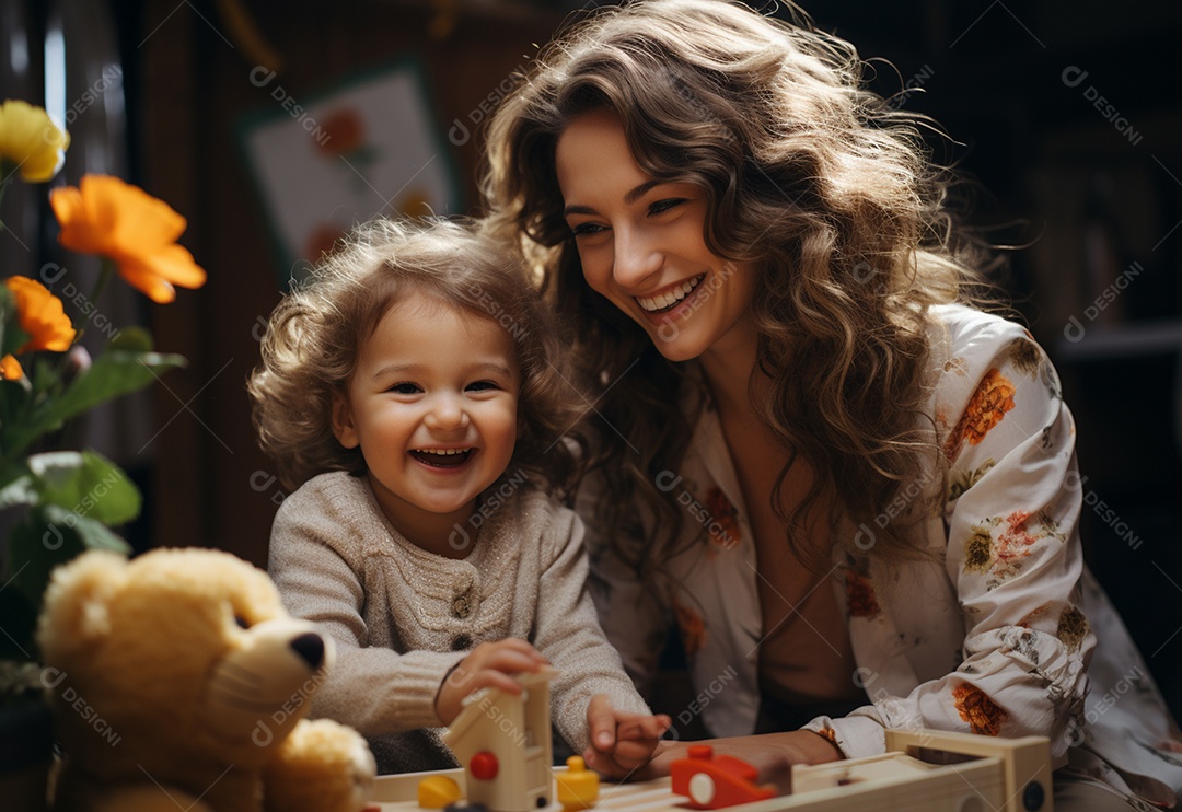 Vista lateral da mãe brincando com a menina rindo deitada de joelhos passando um tempo em casa