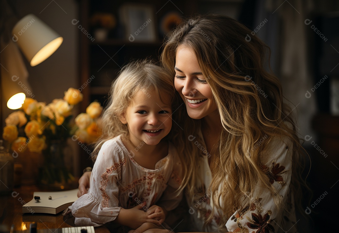 Vista lateral da mãe brincando com a menina rindo deitada de joelhos passando um tempo em casa