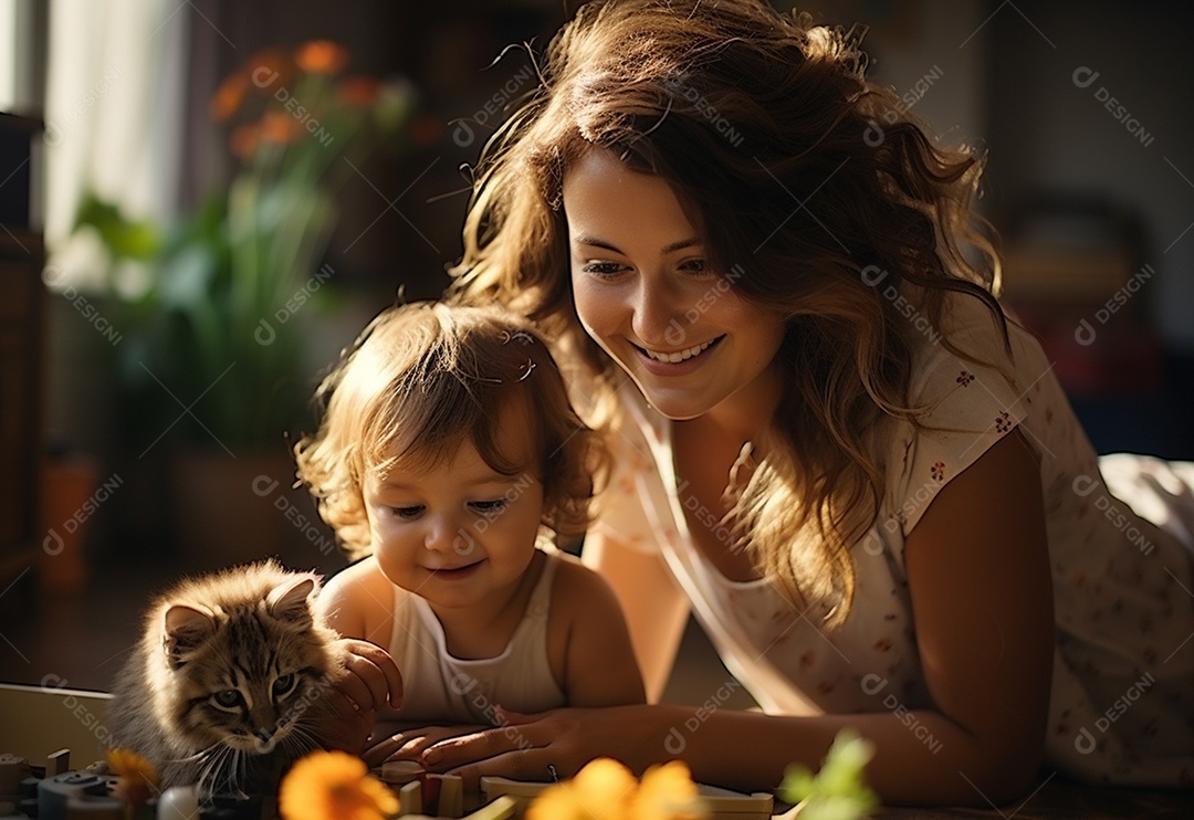 Vista lateral da mãe brincando com a menina rindo deitada de joelhos passando um tempo em casa