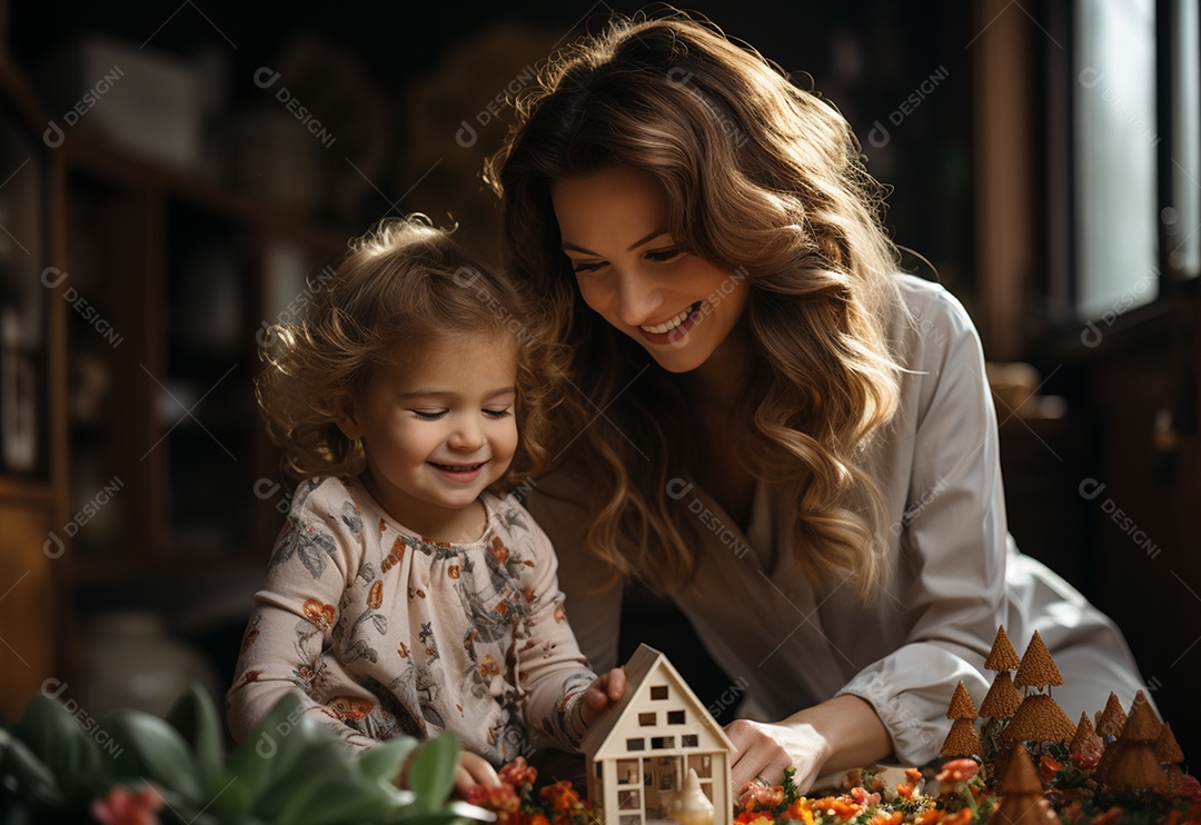 Vista lateral da mãe brincando com a menina rindo deitada de joelhos passando um tempo em casa
