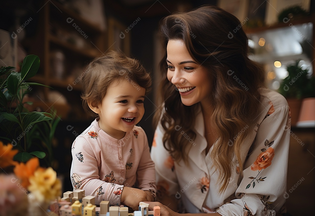 Vista lateral da mãe brincando com a menina rindo deitada de joelhos passando um tempo em casa