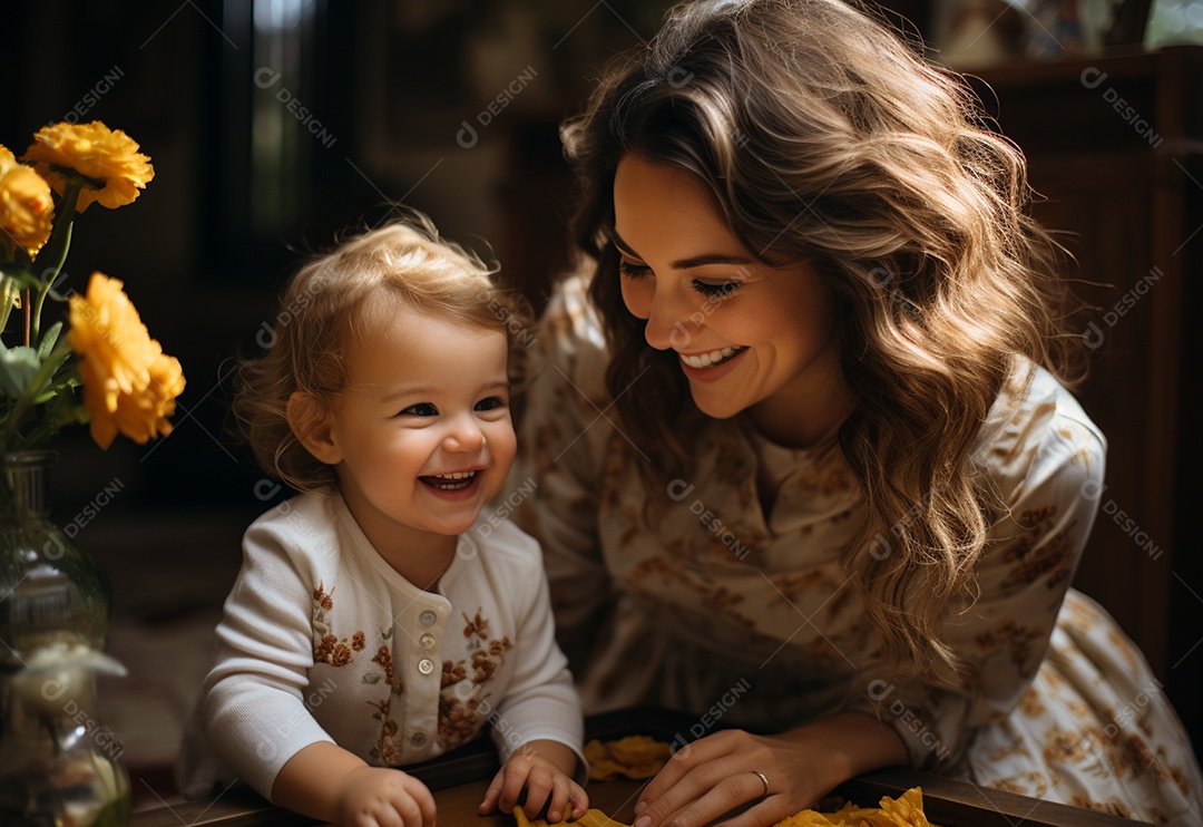 Vista lateral da mãe brincando com a menina rindo deitada de joelhos passando um tempo em casa
