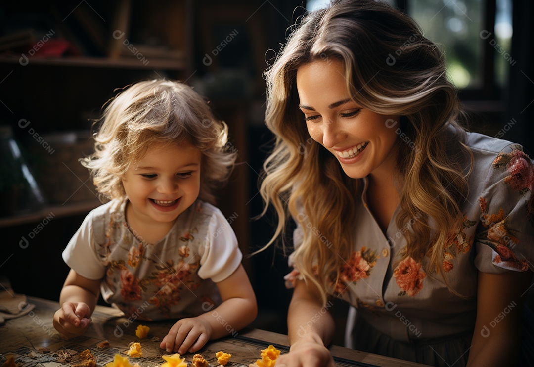 Vista lateral da mãe brincando com a menina rindo deitada de joelhos passando um tempo em casa