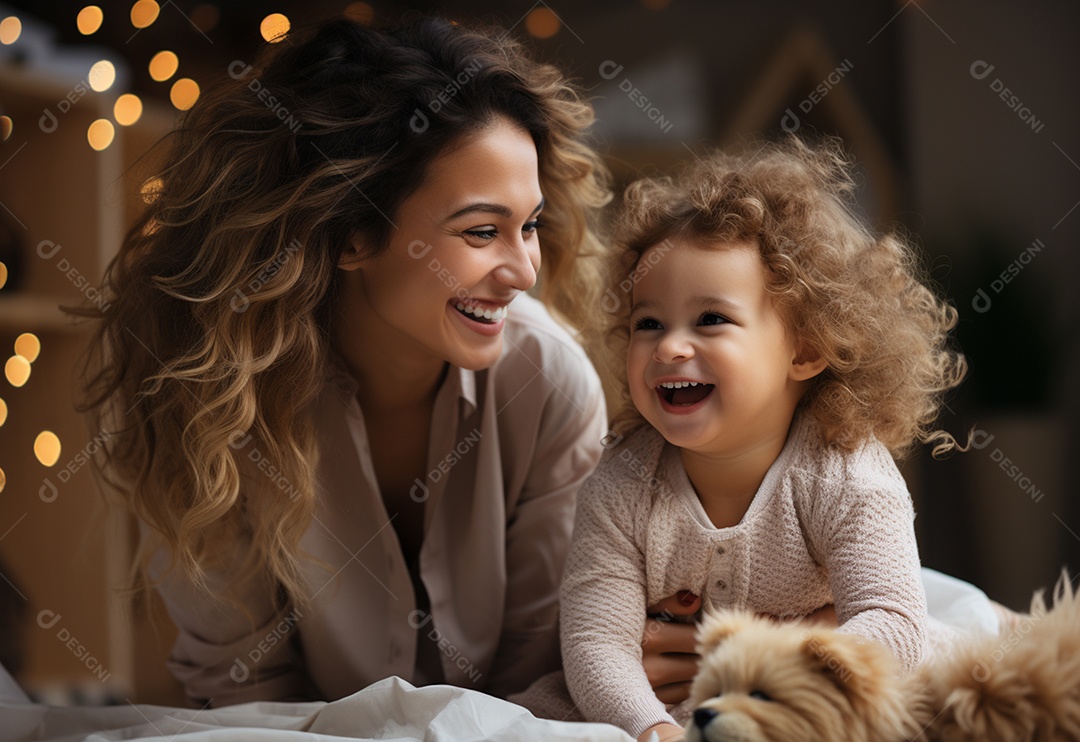 Vista lateral da mãe brincando com a menina rindo deitada de joelhos passando um tempo em casa