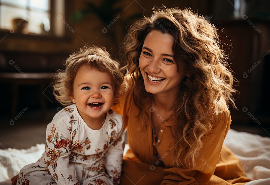 Vista lateral da mãe brincando com a menina rindo deitada de joelhos passando um tempo em casa