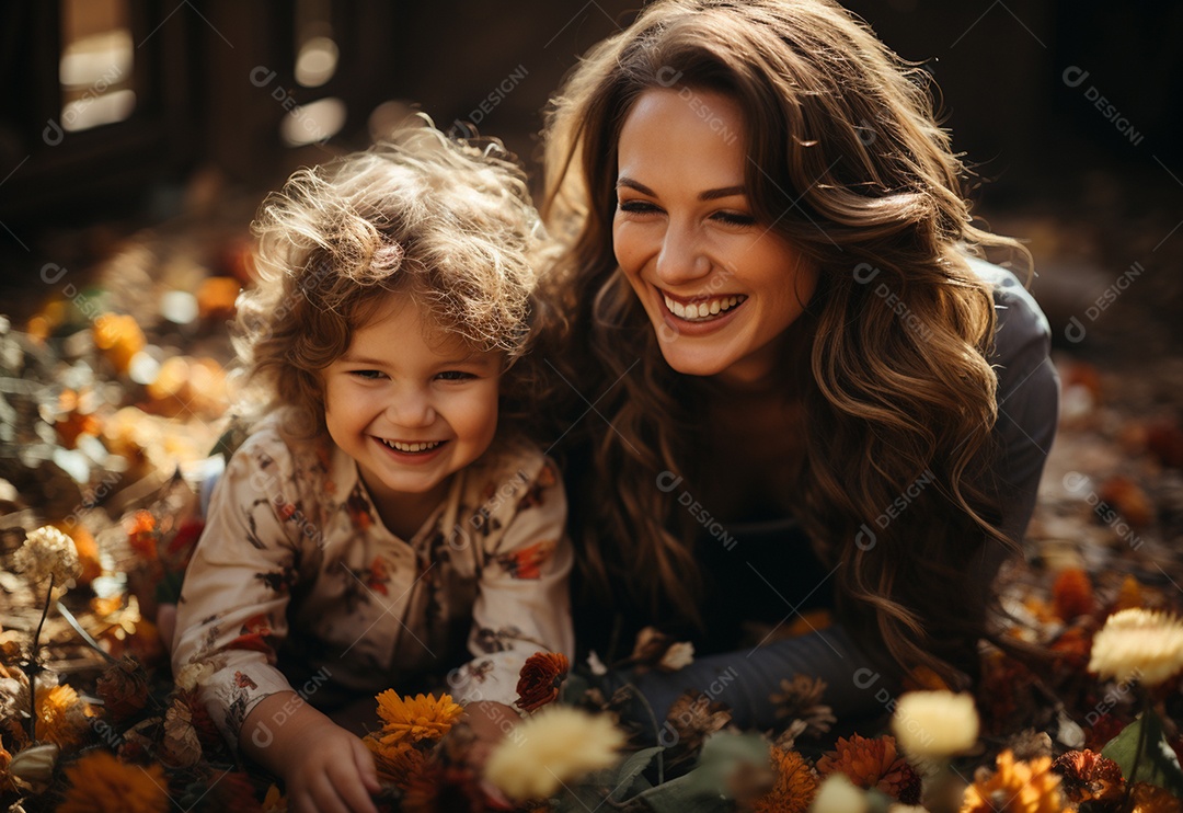 Vista lateral da mãe brincando com a menina rindo deitada de joelhos passando um tempo em casa
