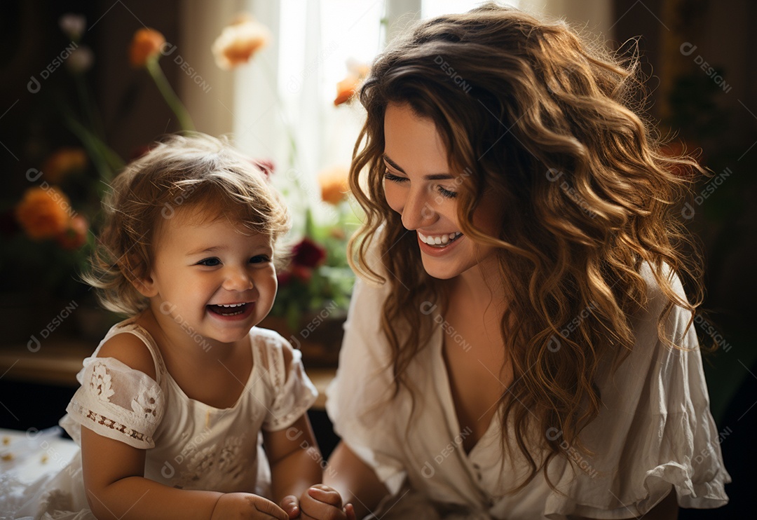 Vista lateral da mãe brincando com a menina rindo deitada de joelhos passando um tempo em casa