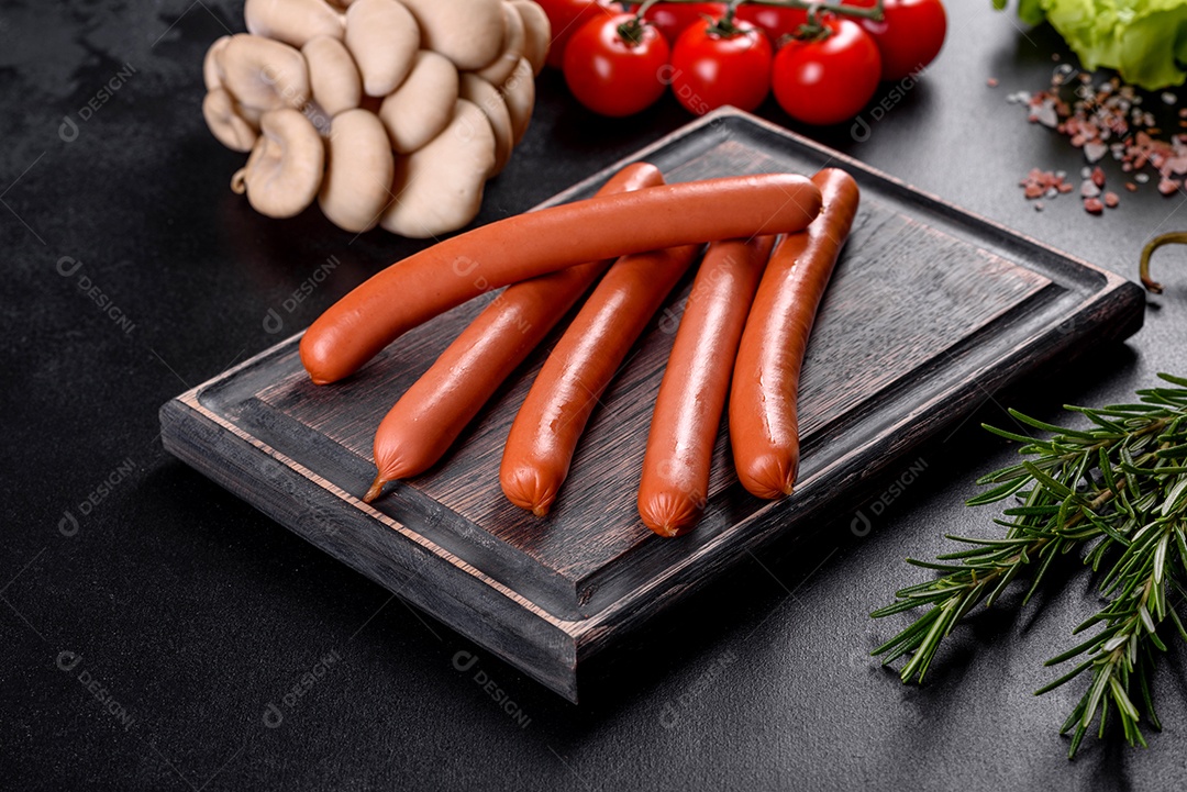 Salsichas cozidas em uma tábua de madeira sobre um fundo escuro de concreto. Alimentos não saudáveis