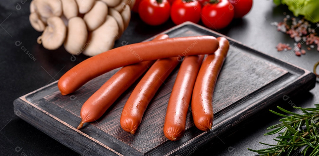 Salsichas cozidas em uma tábua de madeira sobre um fundo escuro de concreto. Alimentos não saudáveis