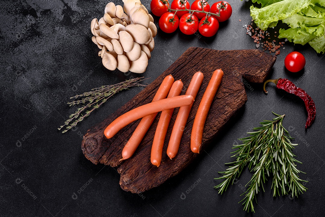 Salsichas cozidas em uma tábua de madeira sobre um fundo escuro de concreto. Alimentos não saudáveis