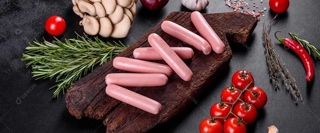 Salsichas cozidas em uma tábua de madeira sobre um fundo escuro de concreto. Alimentos não saudáveis