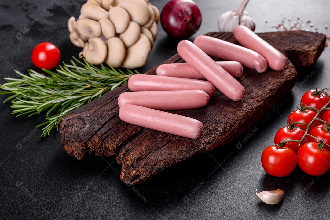 Salsichas cozidas em uma tábua de madeira sobre um fundo escuro de concreto. Alimentos não saudáveis