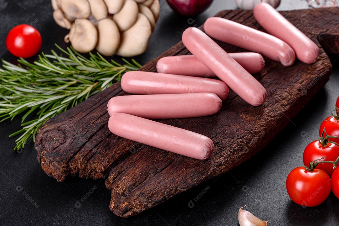 Salsichas cozidas em uma tábua de madeira sobre um fundo escuro de concreto. Alimentos não saudáveis