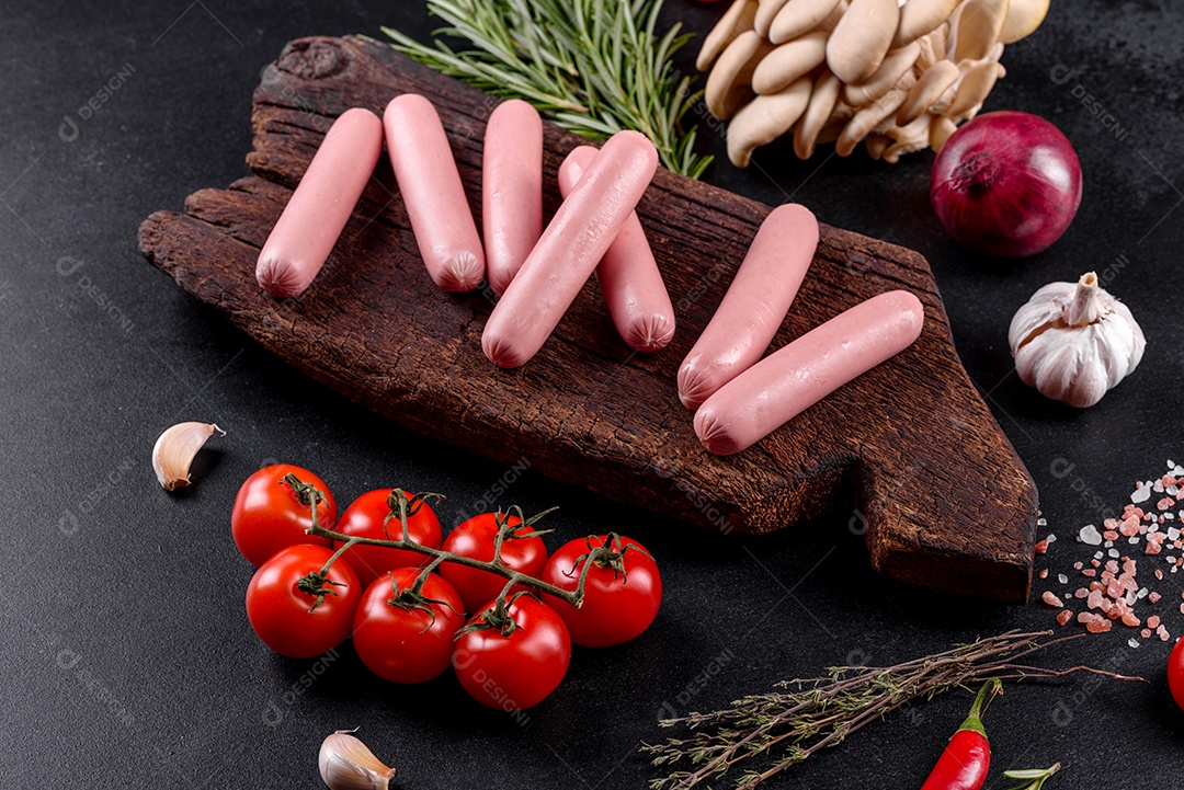 Salsichas cozidas em uma tábua de madeira sobre um fundo escuro de concreto. Alimentos não saudáveis