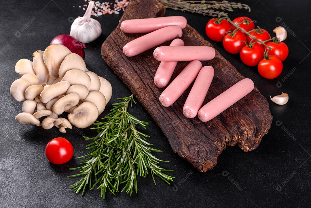 Salsichas cozidas em uma tábua de madeira sobre um fundo escuro de concreto. Alimentos não saudáveis