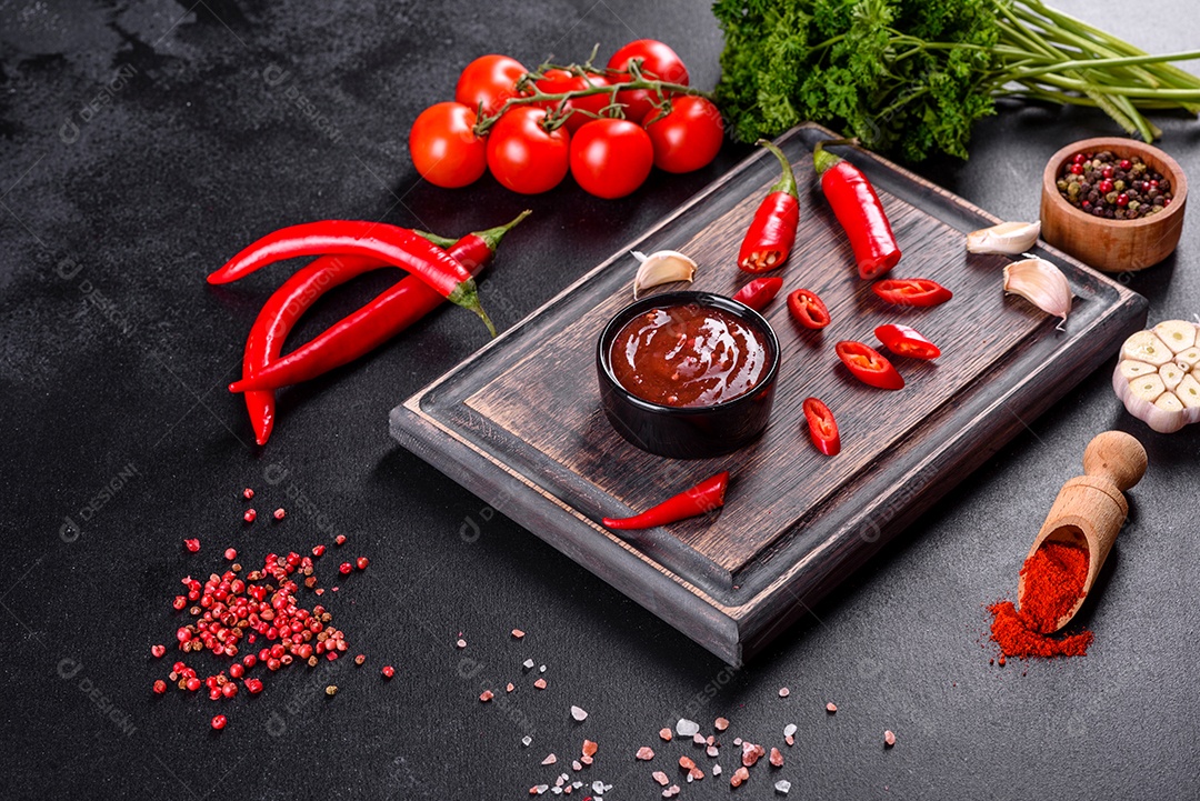 Tempero picante da culinária georgiana adjika em uma tigela com pimenta vermelha e alho em uma mesa de concreto fechada