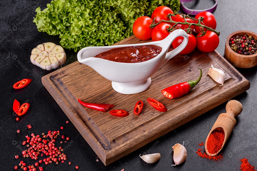 Tempero picante da culinária georgiana adjika em uma tigela com pimenta vermelha e alho em uma mesa de concreto fechada