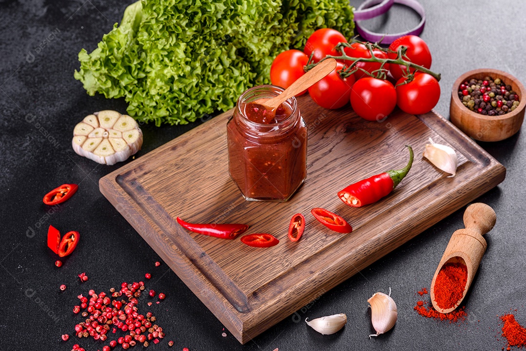 Tempero picante da culinária georgiana adjika em uma tigela com pimenta vermelha e alho em uma mesa de concreto fechada