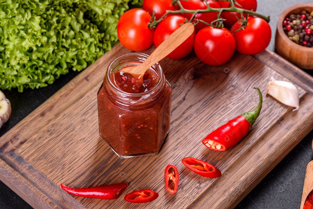 Tempero picante da culinária georgiana adjika em uma tigela com pimenta vermelha e alho em uma mesa de concreto fechada