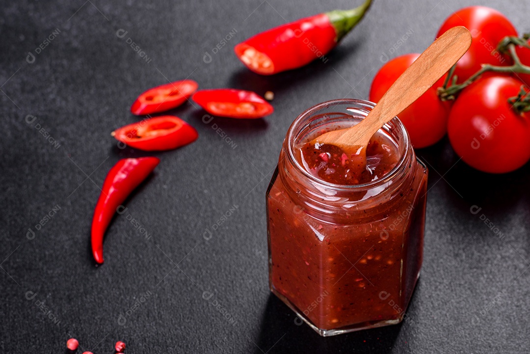 Tempero picante da culinária georgiana adjika em uma tigela com pimenta vermelha e alho em uma mesa de concreto fechada