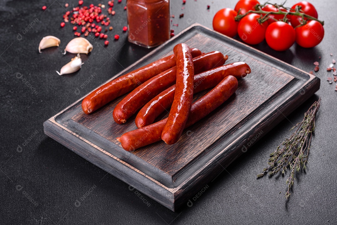 Deliciosas linguiças quentes defumadas frescas com tomate cereja e molho de tomate em uma mesa de concreto escuro