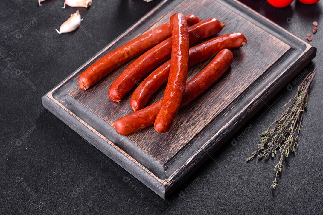 Deliciosas linguiças quentes defumadas frescas com tomate cereja e molho de tomate em uma mesa de concreto escuro