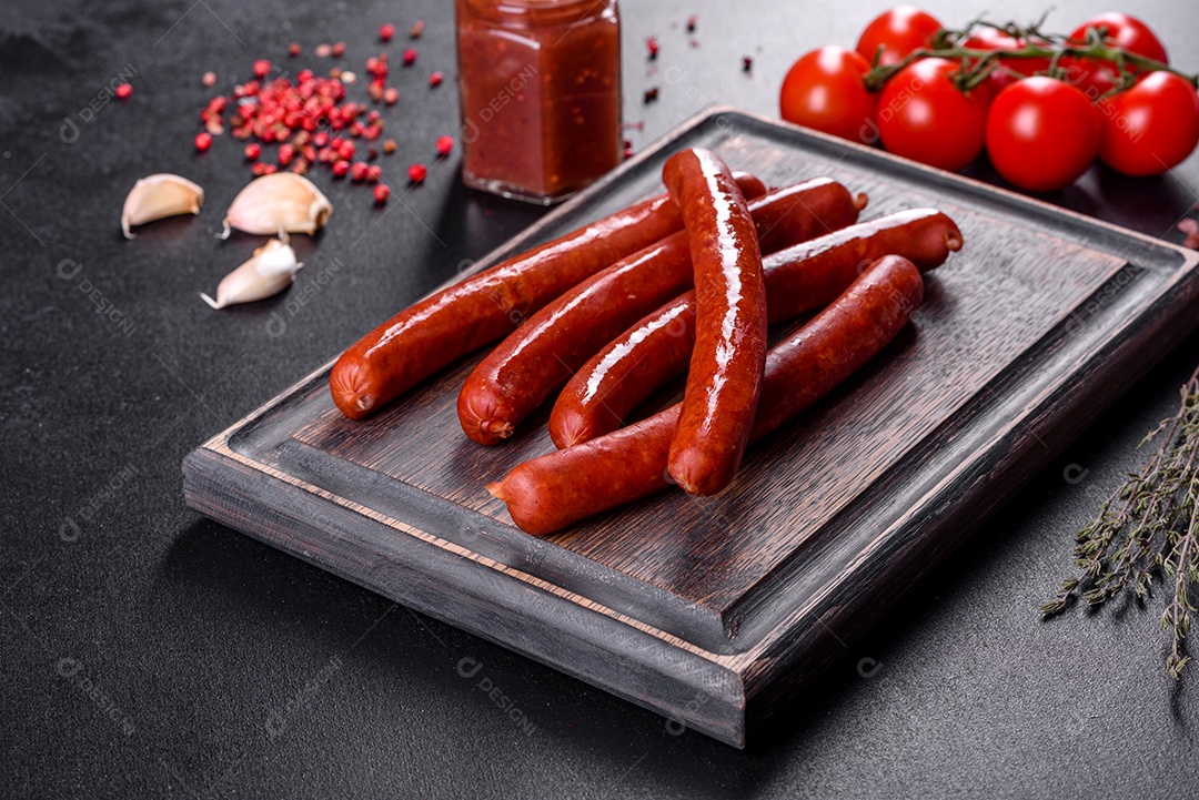 Deliciosas linguiças quentes defumadas frescas com tomate cereja e molho de tomate em uma mesa de concreto escuro