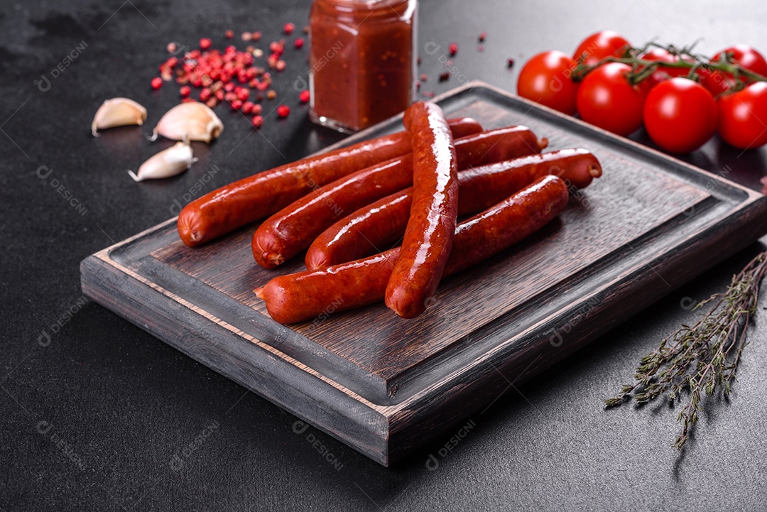 Deliciosas linguiças quentes defumadas frescas com tomate cereja e molho de tomate em uma mesa de concreto escuro