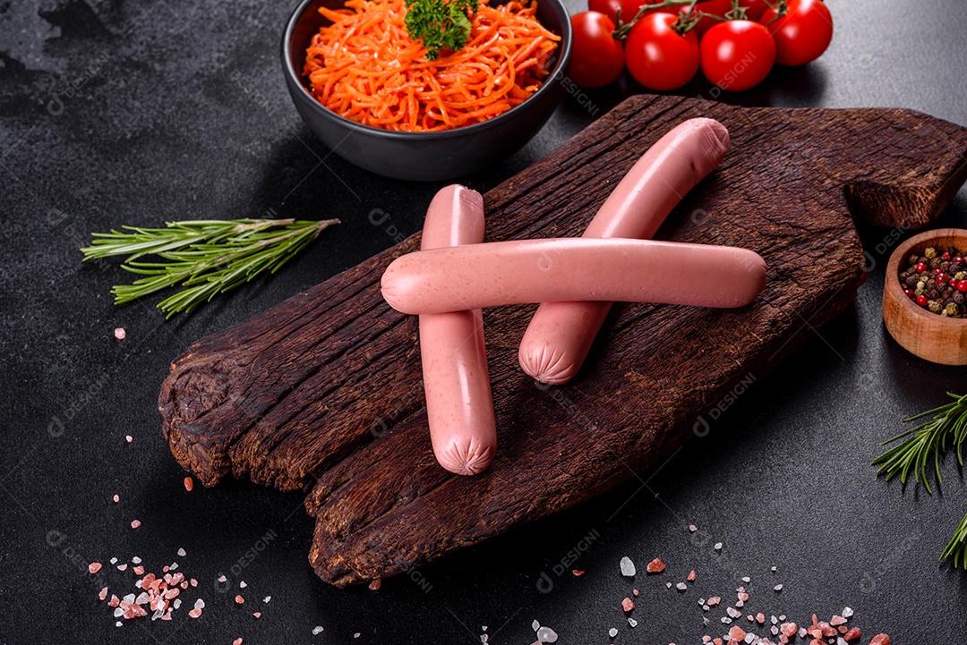 Deliciosas salsichas frescas cozidas com legumes e especiarias sobre um fundo escuro de concreto