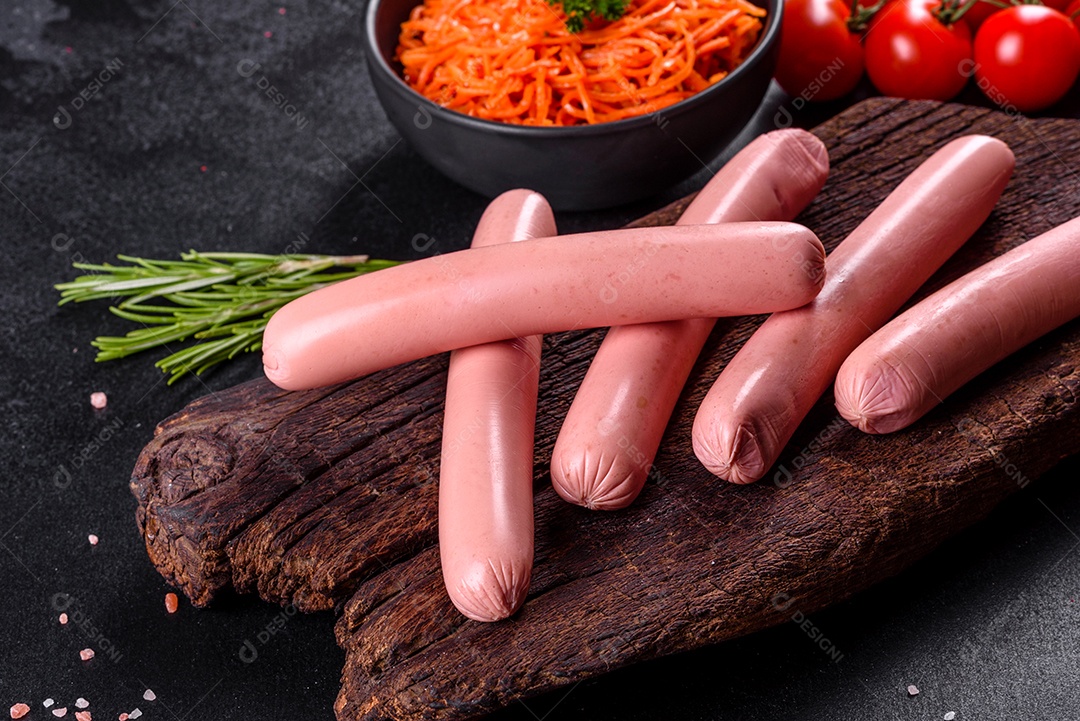 Deliciosas salsichas pequenas com sal, especiarias e ervas sobre um fundo escuro de concreto