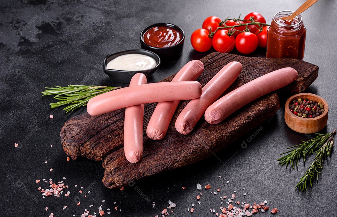 Deliciosas salsichas frescas cozidas com legumes e especiarias sobre um fundo escuro de concreto