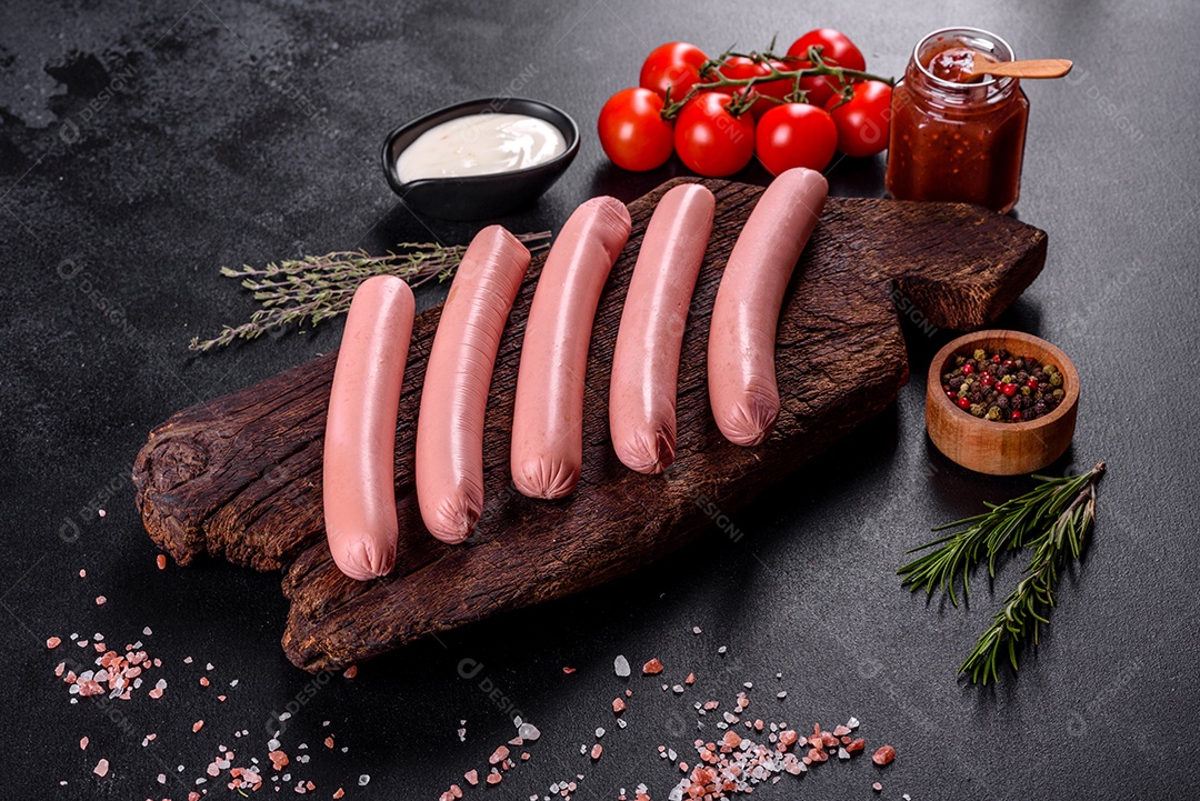 Deliciosas salsichas frescas cozidas com legumes e especiarias sobre um fundo escuro de concreto