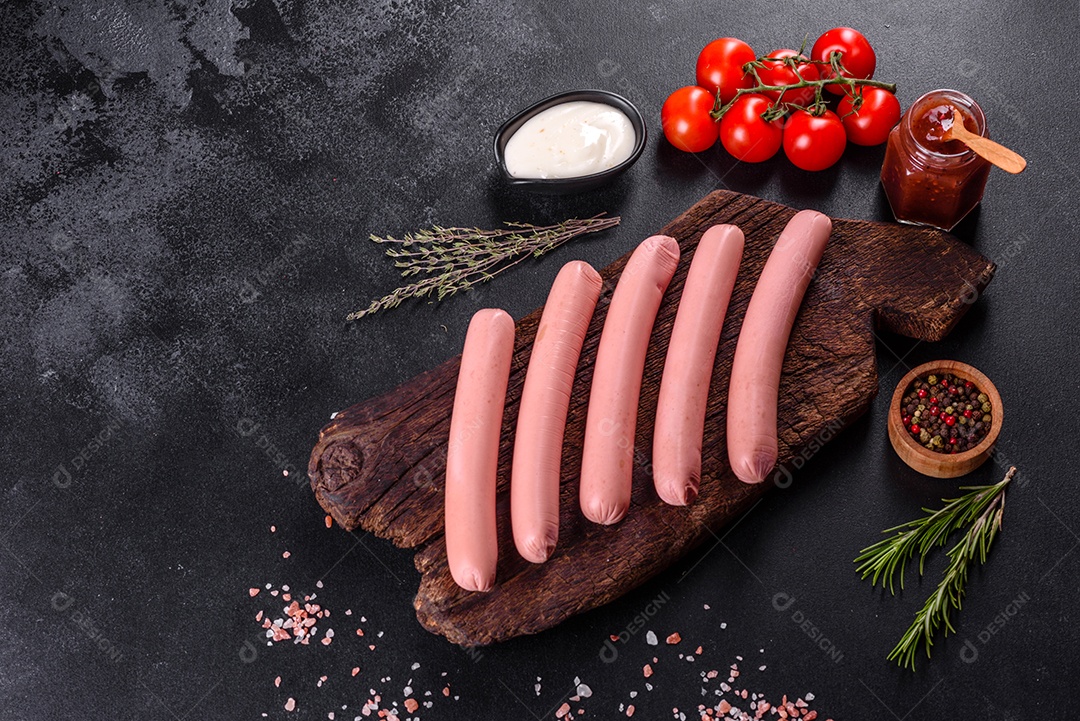 Deliciosas salsichas frescas cozidas com legumes e especiarias sobre um fundo escuro de concreto